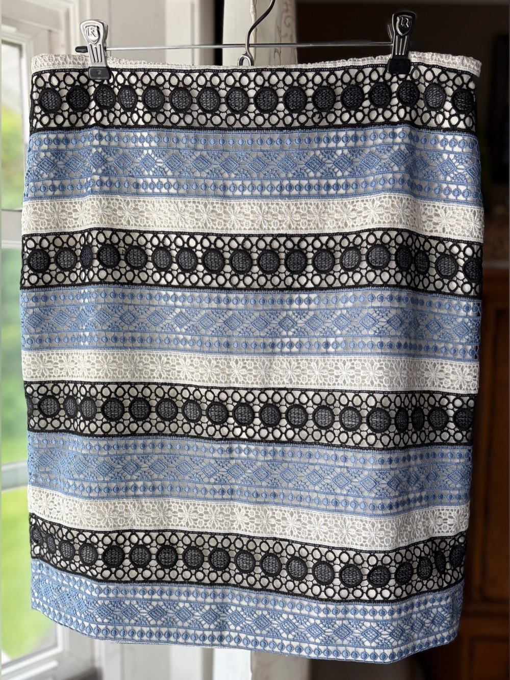 Talbots Black/Blue/White Colorblock Striped Lace Office Preppy Skirt EUC Sz 12P